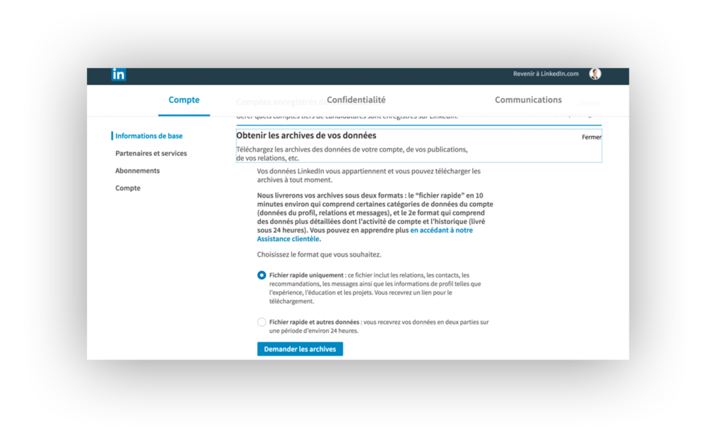 Exemple de fonctionnalité de téléchargement de données proposée par Linkedln 